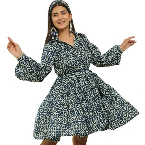 Denim Blue Printed Collared Skater Dress New Arrival Trending Design Women One Piece Mini Dress for Women Available Big Size