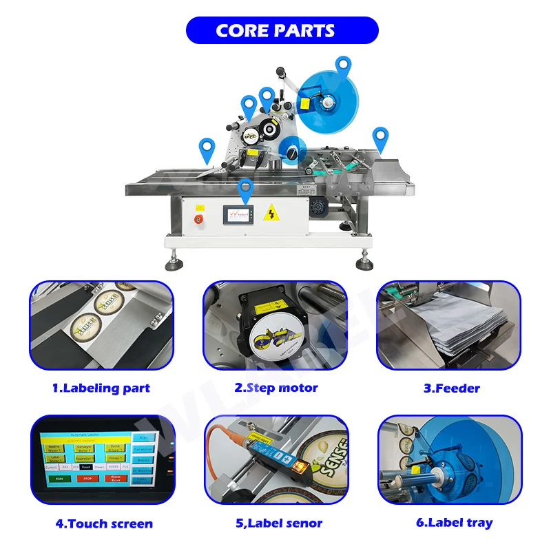 High-Speed 100-200 Card Tag Pouch Mylar Bag Doypack Desktop Label Applicator Auto Feeder Custom Flat Metal Glass Labeler Machine