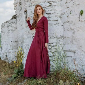 Long Sleeve Linen Maxi Dress, Burgundy Kaftan V Neck Maxi Dress Available Big Size Plus Size  Bohemian Clothing At OEM ODM