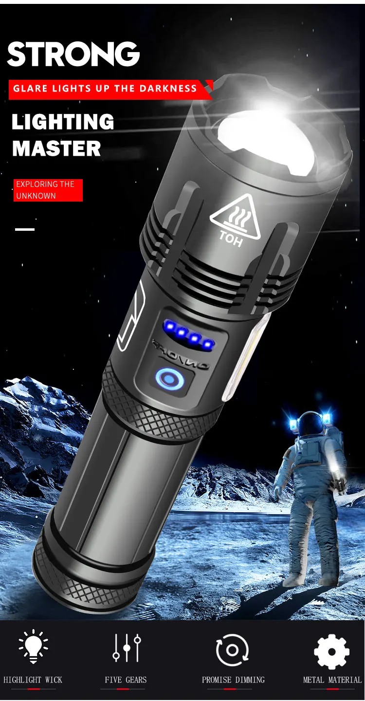 Powerful Waterproof Zoomable Rechargeable XHP70 LED Emergency Tactical Flashlight with Cob Sidelight Torch Flashlight Hunting factory