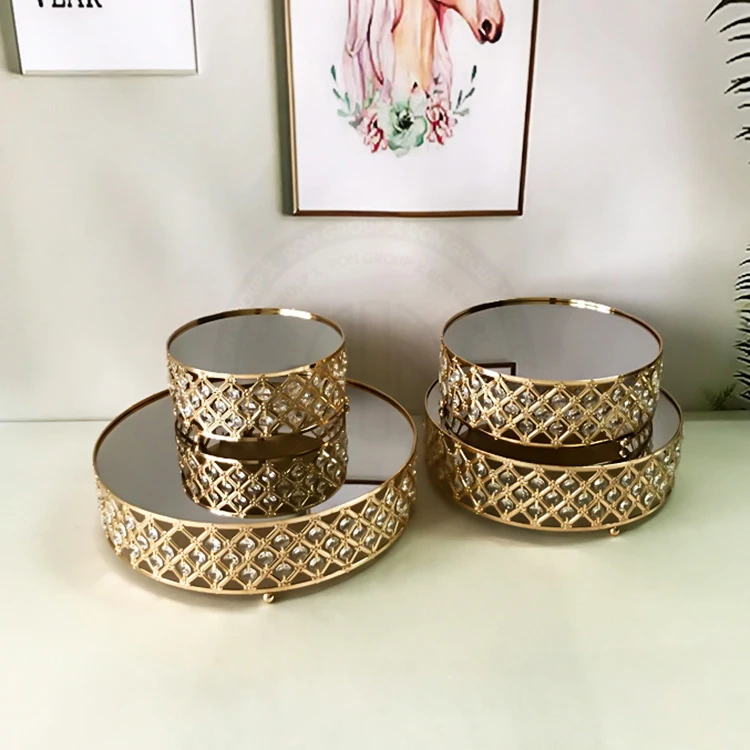 Luxury 4 Floor Round Mirror Trays Set Party Decor Metal Cake Display Holder With Crystal Wedding Pastry Dessert Tray
