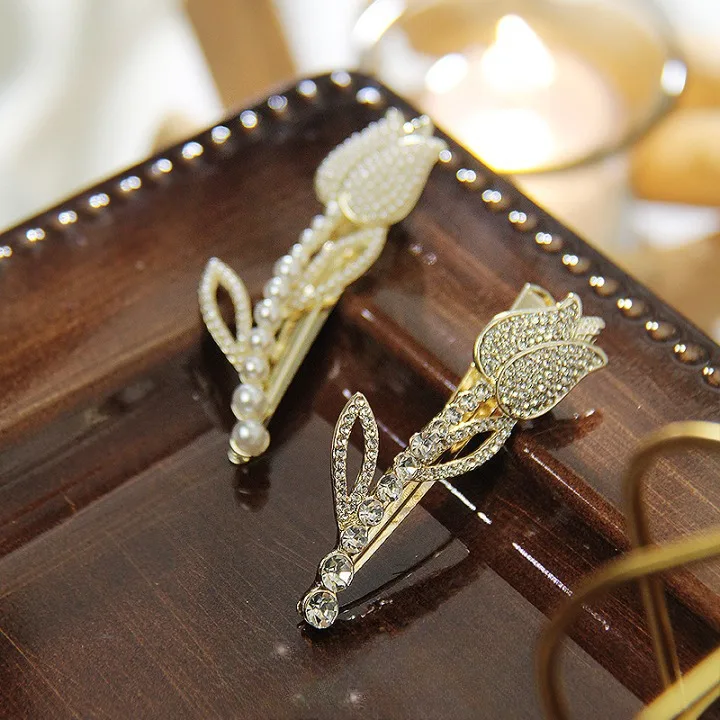 Женские Ювелирные изделия заколка для волос из сплава с цветком тюльпана и жемчугом со стразами женская новая летняя боковая челка зажим