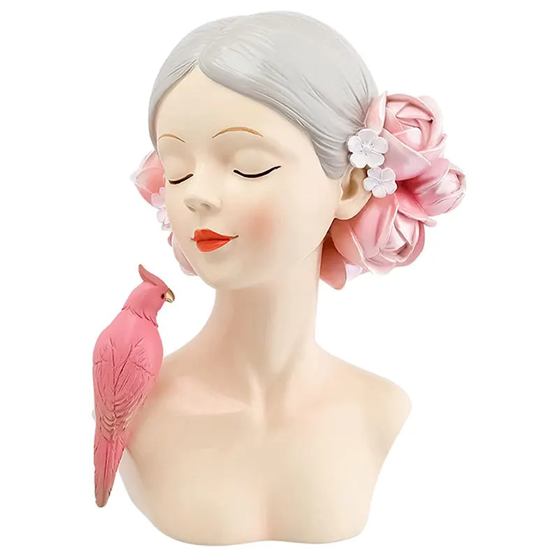 Creative Modern Resin Figurines Parrot and Girl Bust Sculpture