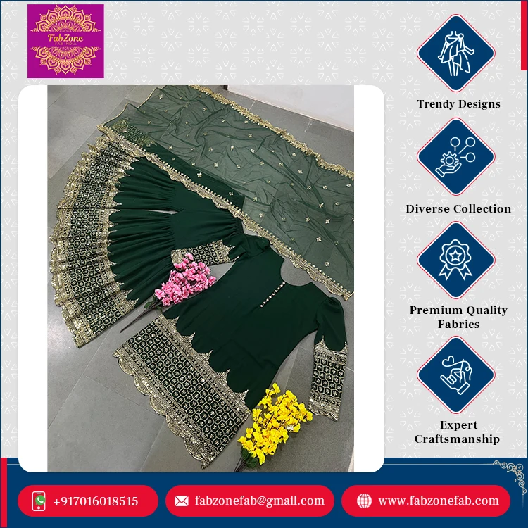 Latest New Collection Women's Indian Pakistani Wedding Wear Full Sleeve Faux Georgette Kurti Sharara Palazzo Dupatta Set Full