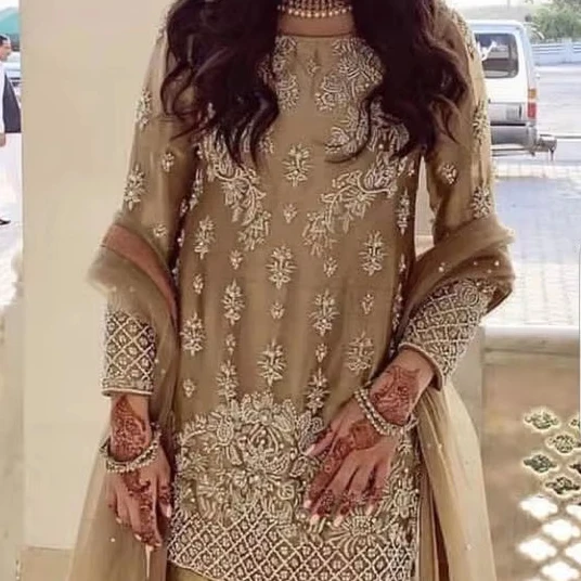 Golden Kurta, Brocade Sarara & Dupatta Dress with Zari Zardozi Embroidery  for Party & Wedding Wear - Latest Fashion 2024