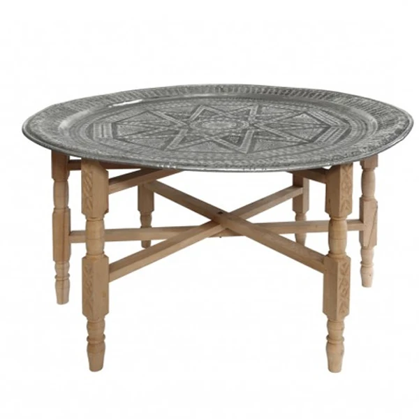 モロッコ　コーヒーテーブル 銅製アンティークモロッココーヒーテーブル クラシック木製ベース 四脚