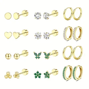 24pcs Trendy Hypoallergenic Stainless Steel Flat Back Cartilage Zircon Huggie Hoop Earrings 14K Gold