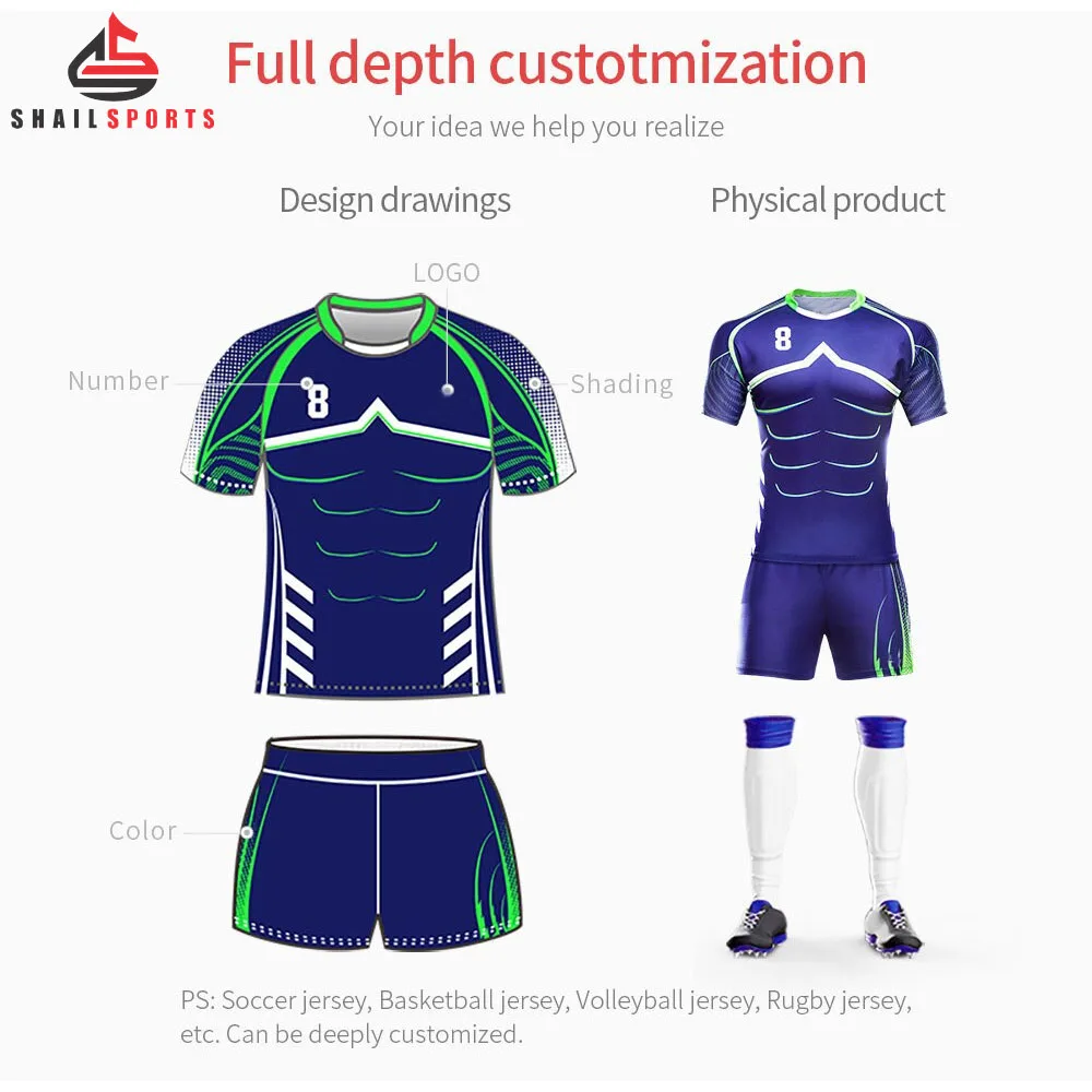Rugby Uniforms Men's Oem Sublimation Custom Training Clothes Blue Sport