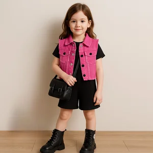 Girls 2-Piece Outfit Sleeveless Pink Vest Denim Jacket Overalls Jumpsuits 4-10 Years Trendy Summer Casual Wear for Kids