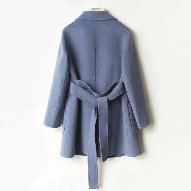 Trendy Ladies Casual Style Wool Blend Blue Trench Coat Long Cotton Breathable Outerwear - Image 3
