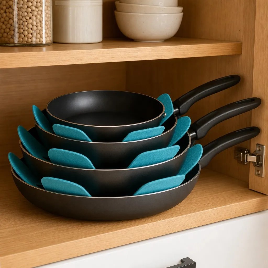 Teal felt pot separators placed between stacked pans inside a kitchen cabinet