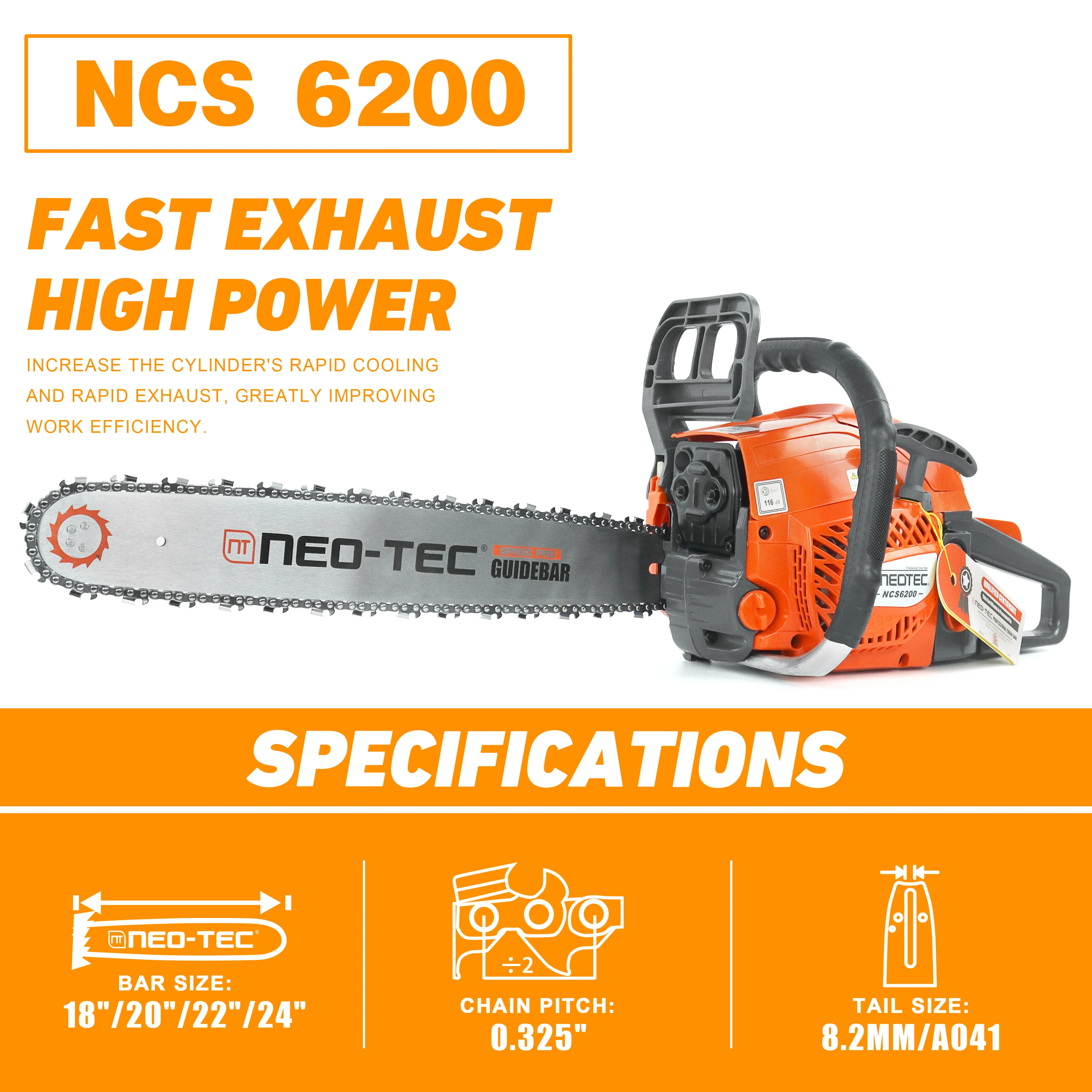 Neotec 62cc Wood Cutting Tools Gasoline Chainsaw Motosierra Chain Saw