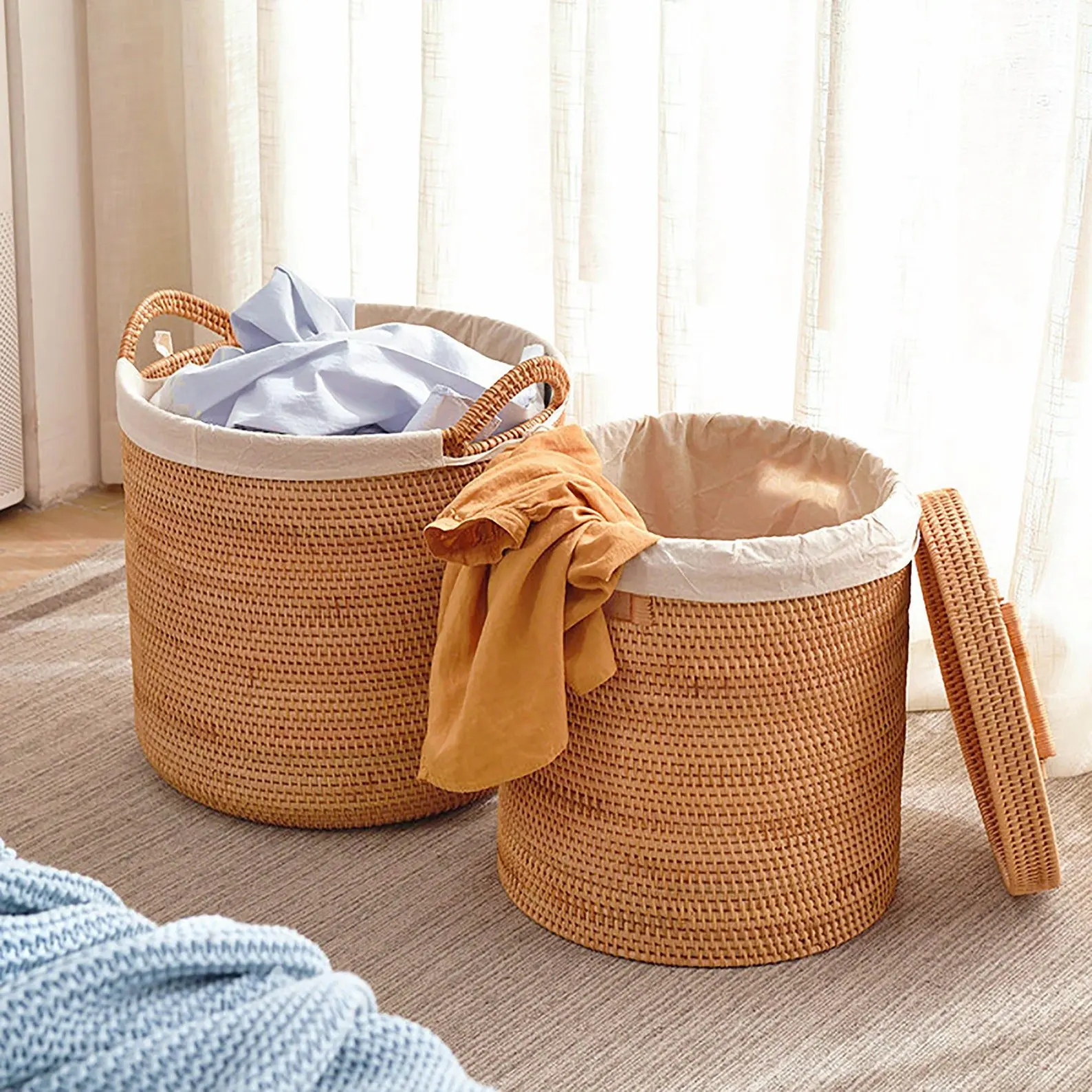 Poubelle De Tri En Rotin Naturel Avec Pédale – Double Compartiment, 49x49x31 Cm – Jaune Ou Marron – Pour Cuisine Ou Salle De Bain