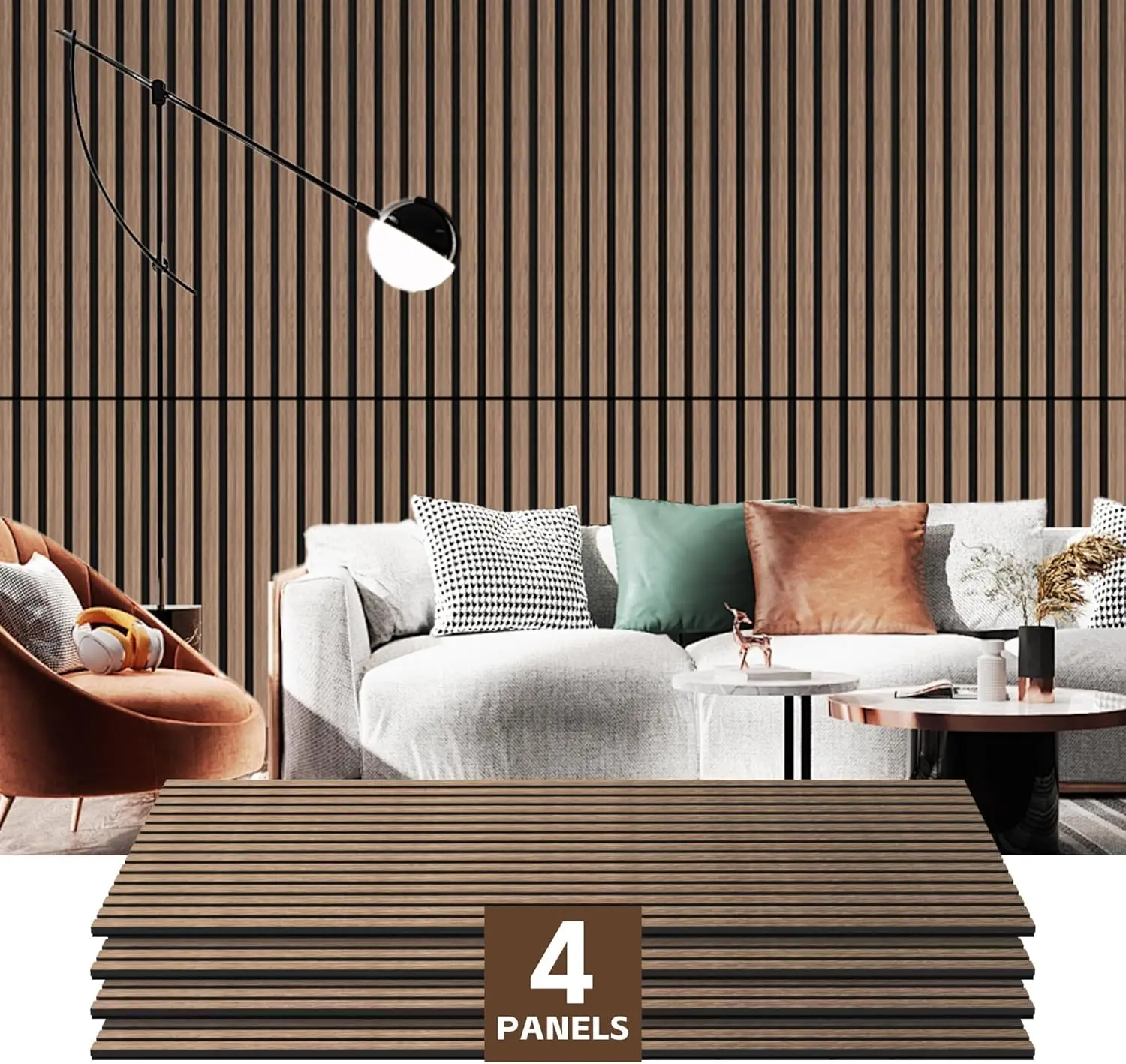 4-Piece Modern Acoustic Slat Wood Panels 3D Soundproof Wall Panels Natural Walnut for Hotel and Home Use