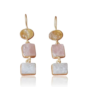 Handcrafted Matte Gold Plated Rough Stone Citrine And Rose Quartz Earrings Wholesale Brass Jewelry Manufacturer Supplier