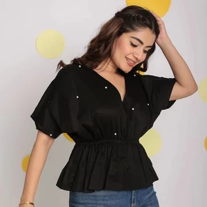 Casual Summer Classic Linen/Cotton Peplum Tank Top Solid Relaxed Fitted Black Pearl Bow Decorated Waist White Big Size Quick Dry