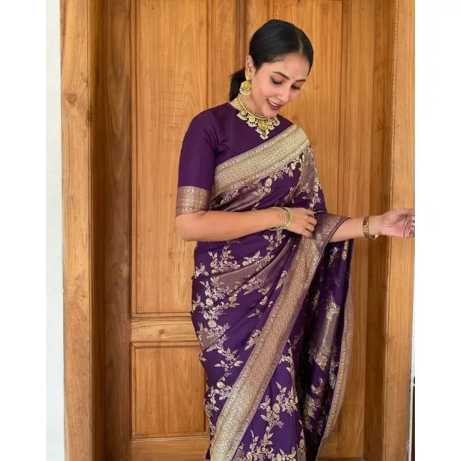 Sari di seta blu Banarasi: camicetta marrone, sari da Sari di seta blu Banarasi: camicetta marrone, sari da