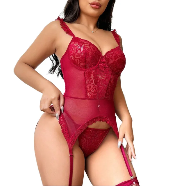 Hot Selling Burgundy Women's Lace Lingerie Set 4-Piece Sexy Underwear for Valentine's Day Women's Sexy Underwear Collection