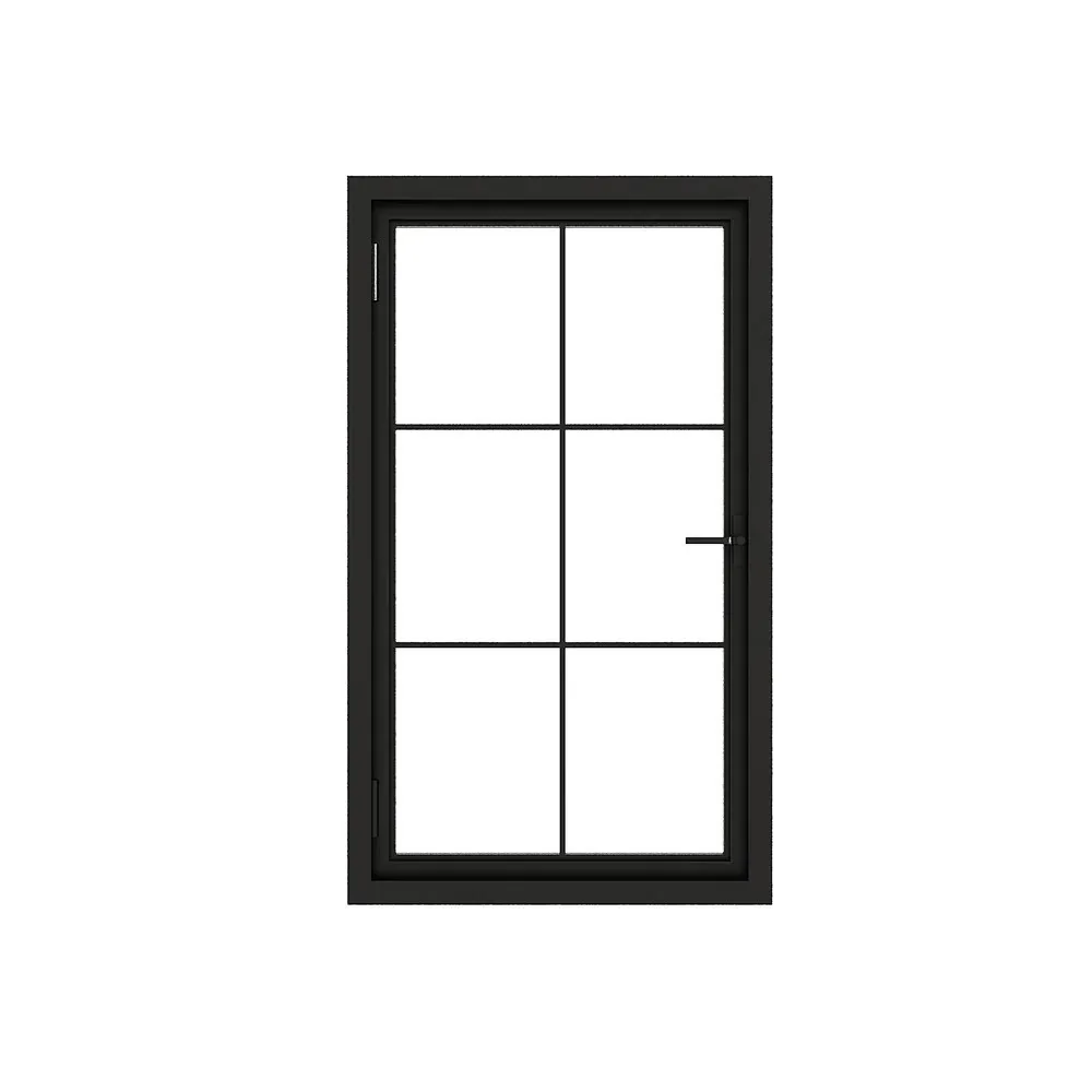 Crittall style aluminum casement window with 6-lite grid and matte black frame