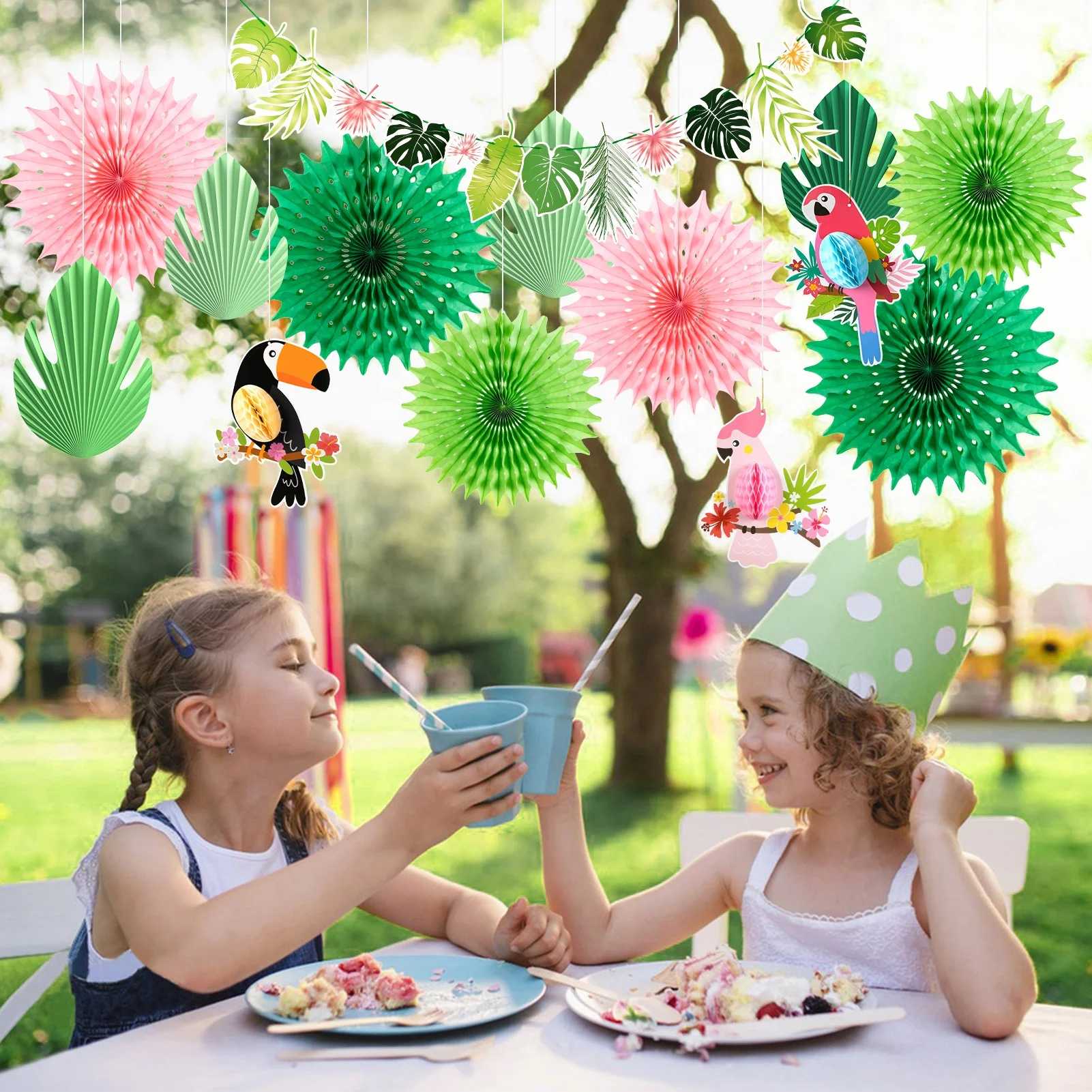 Syoulin Kit Décoration Jungle Flamants Roses - Éventails Pompons Fête Hawaïenne