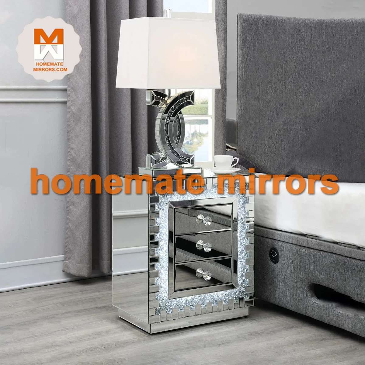 Hot Beautiful Mirrored Bedside Table Nightstand With Led Light Buy Mirrored Bedside Table