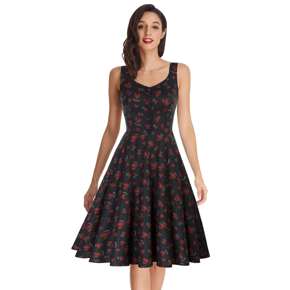 OEM Women Pineapple Pattern A-Line Retro Ladies Button Sleeveless Vintage Dress