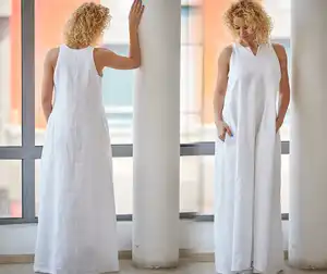 Classic White Linen Maxi Dress Casual Summer Kaftan Illusion Back Design A-Line Plus Size Floor-Length Featuring Appliques