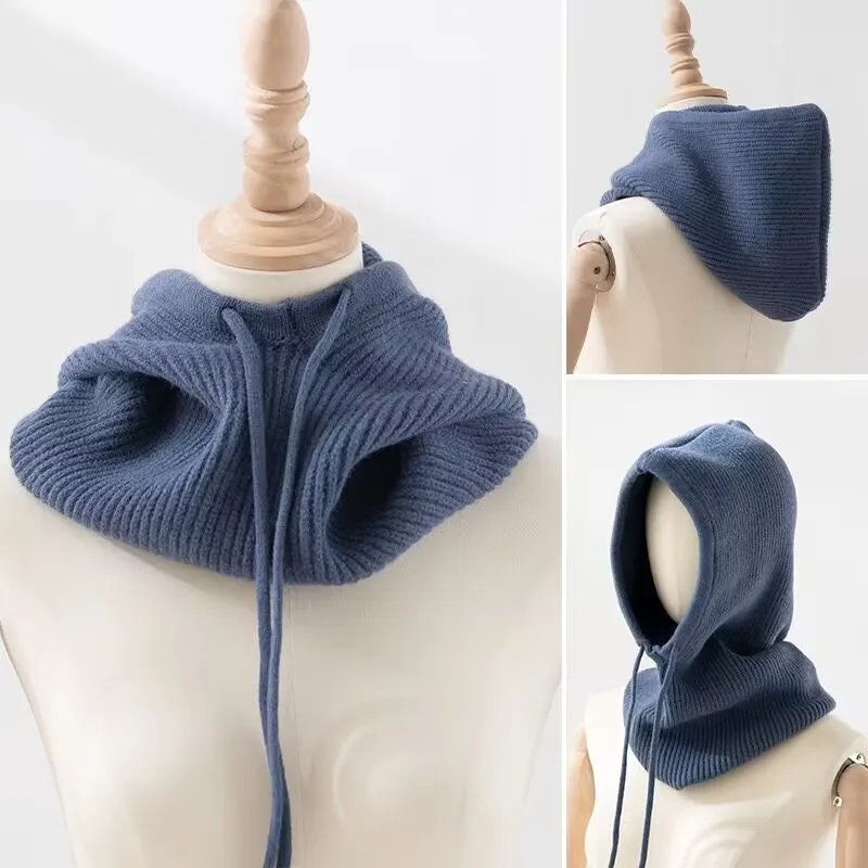 RTS Popular Knitted Hooded Scarf Hat with Drawstring