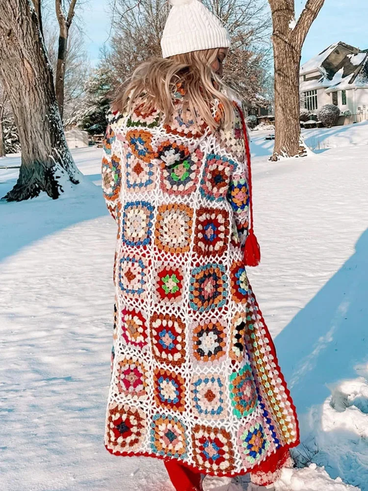 Spring Retro Knitted Crochet Hooded Cardigan Beach Long Coat Hollow Women's Knitted Sweater Cardigan