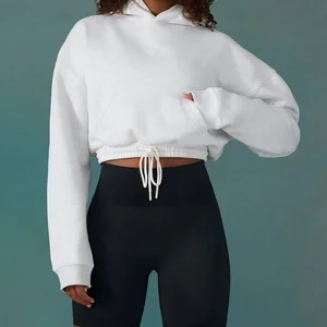High Quality Custom logo Solid Color Women Solid Color Hem Drawstring Casual Crop Top Oversized Hoodie for Women