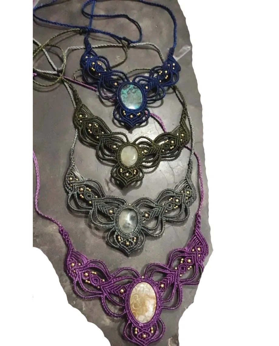 Handmade Multi-Color Natural Stone Macrame Necklace Pendant Multiple Thread Macrame Indian Style Necklace for summer Jewelry