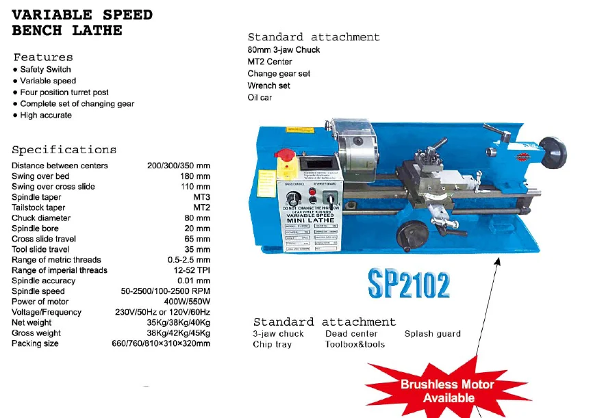 SUMORE SP2102 Variable Speed Belt Driven Hobby Bench Metal Mini Lathe Machine with Best Quality