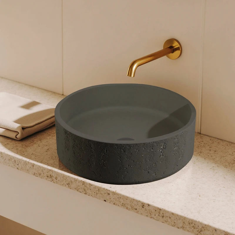 MOHOM Modern Concrete Basin Sink Handmade Grey Cement Counter Top Fluted Design Bathroom
