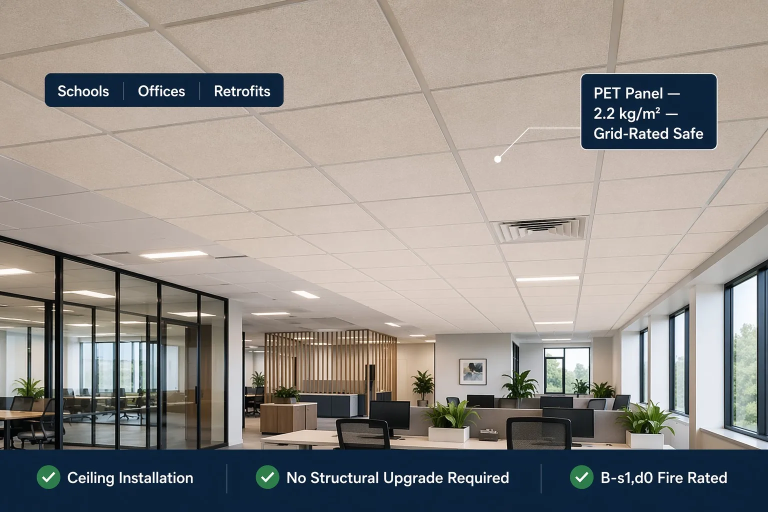 PET Panel Applications PET acoustic panel ceiling installation lightweight color commercial education