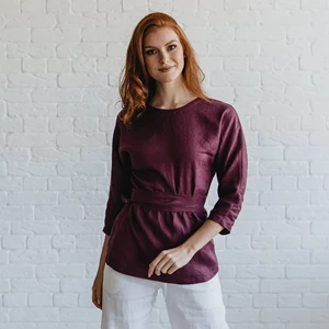 Elegant Plum Color Convertible Linen Tunic Top Natural Waistline Casual Summer Eco-Friendly V-neck Long Sleeve Blouse Woven