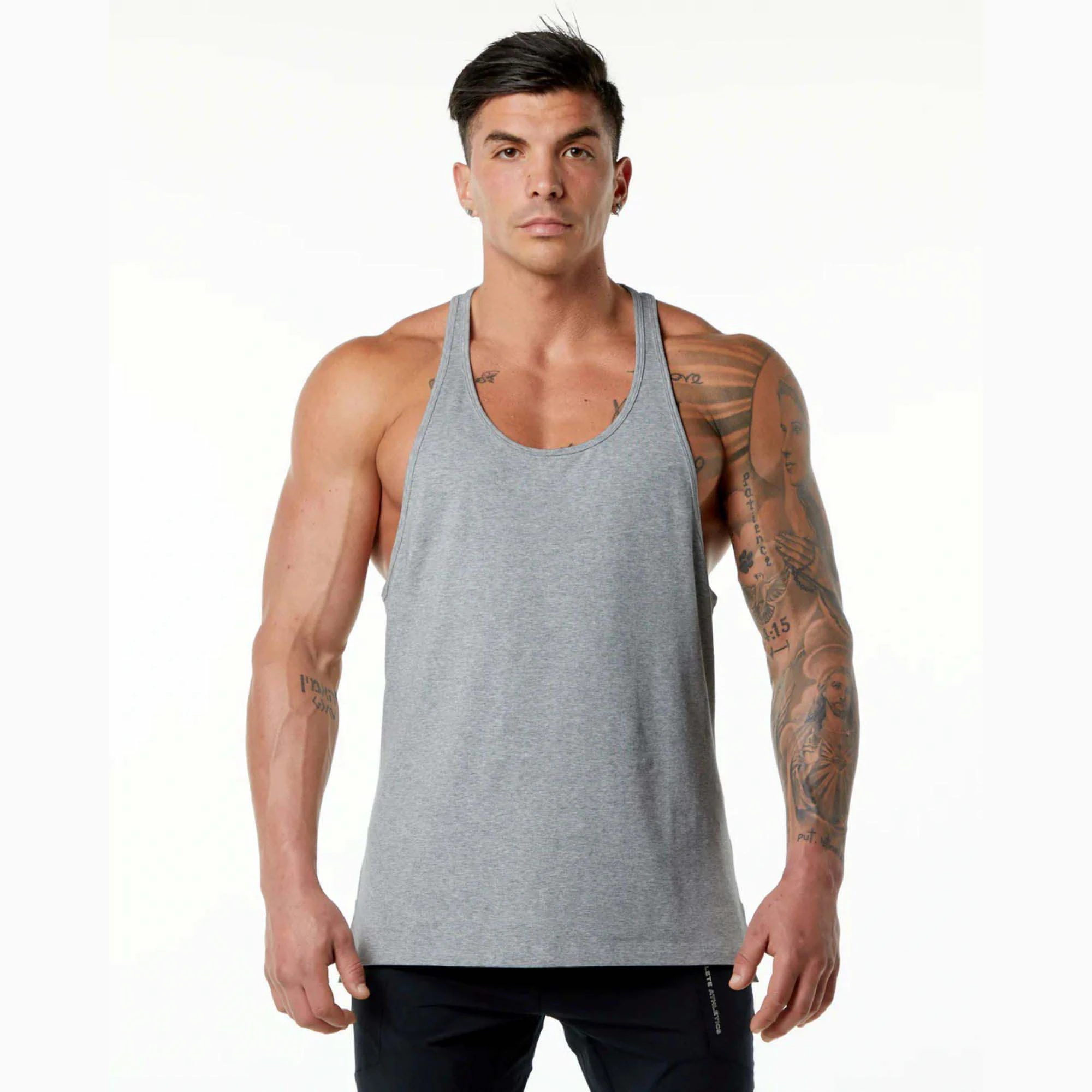 100% Cotton Men's Tank Tops Relaxed Fit Sweat Wicking Low Cut Neckline Open Racerback Heather Grey Stepped Hem String, image size:2000x2000