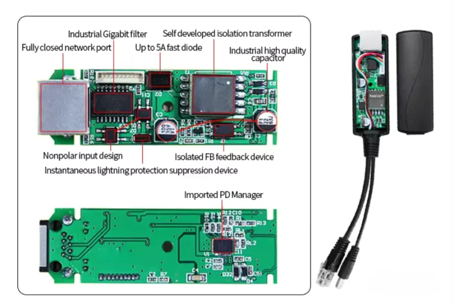 DC Output Active IEEE802.3 Af/at POE Splitter Power Supply Module PoE 48V to 12V/ 5V for Camera Wireless AP factory