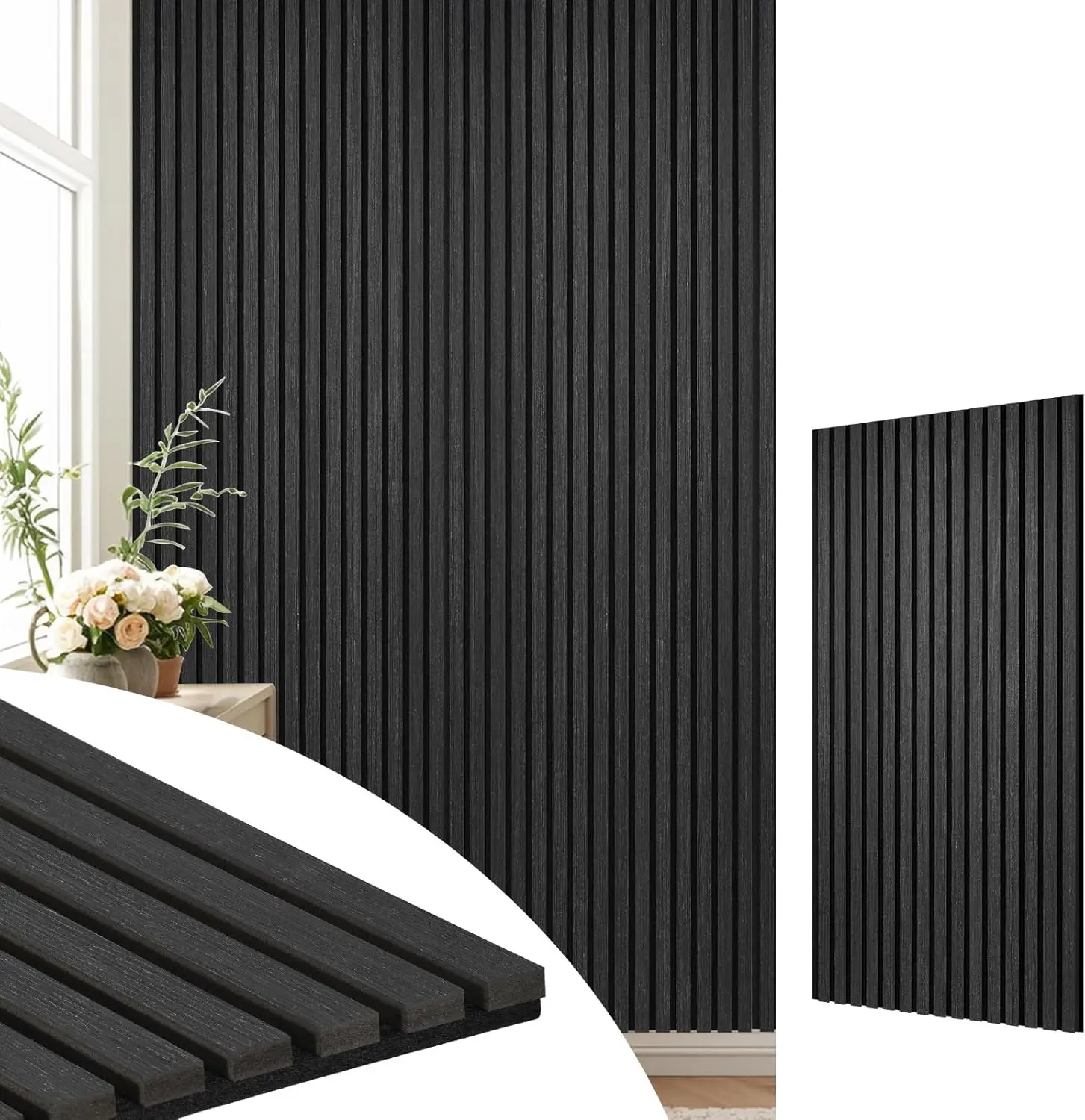 Modern Wood Finish 3D Fluted Matte Black Acoustic Wall Panels 2pcs Soundproof Absorbing Slat Wall Acoustic Wooden Panel