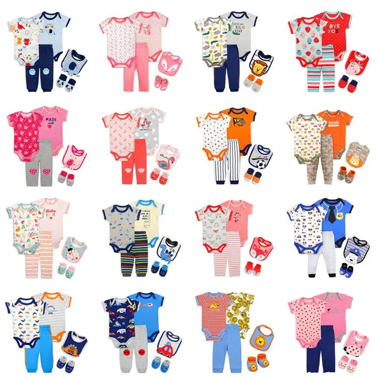 Newborn Baby 5 Pcs/set 100% Cotton Cute Print Bodysuits With Long Pants ...