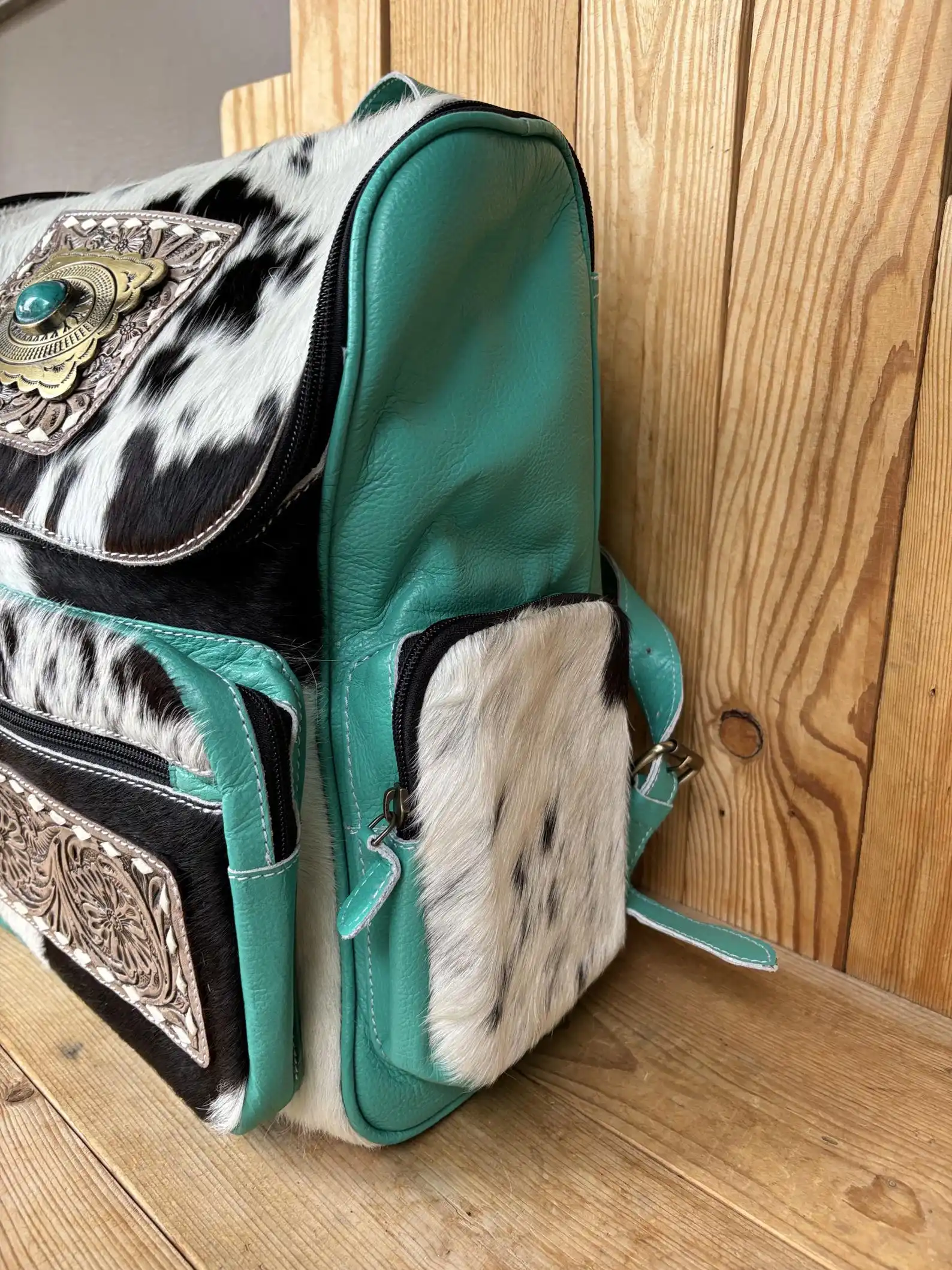 Hand TOOLED LEATHER CONVERTIBLE BACKPACK Shoulder Bag‎ Purse Turquoiseish Rue Convertible Backpack | Portland Leather Goods main image 3