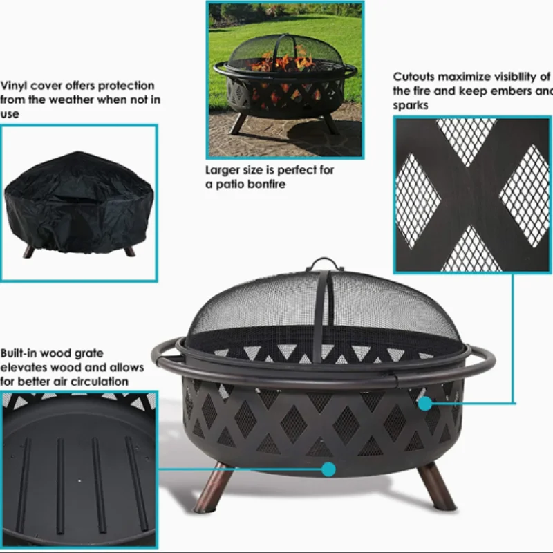 Iron Fire Pit Heating Equipment BBQ With Mesh Cover Grills Poker for Patio Outdoor Brazier Garden Fireplace Wood Fire Pits