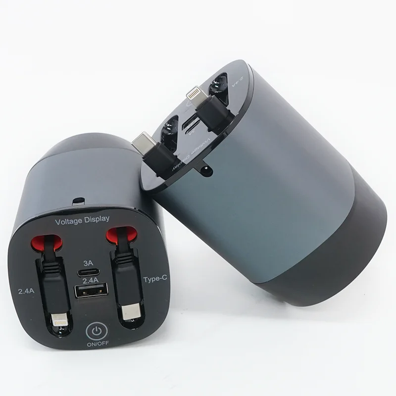 Retractable Car Charger Fast USB Car Phone 60W Double Type C Cables and 2 USB Ports Adapter