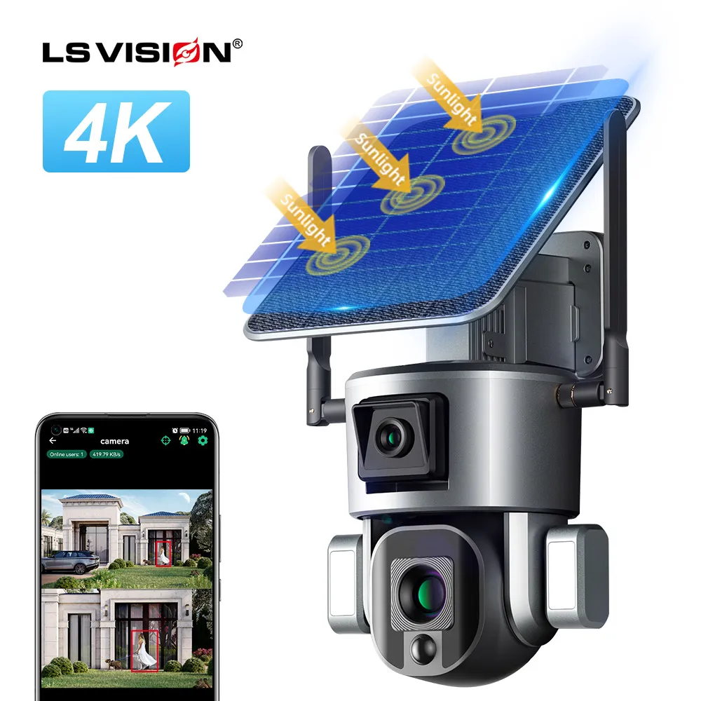 LS VISION 4K Dual Lens 4G Outdoor Security System Wireless 10X Optical Zoom Light Floodlight 4G SIM Card Solar Cameras