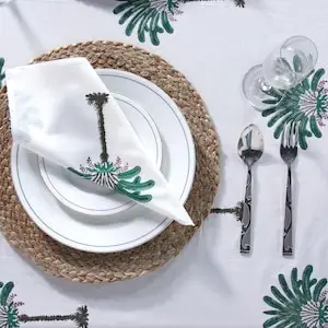 Pine Green and Peanut Brown Tree Print With Green Striped Border Table Cover Indian Hand Block Printed Table Cover