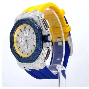Iced VVS Moissanite Alloy Quartz Chronograph Watches | Yellow Gold | Square Glass | Luxury Fashion Design | Diamond Tester