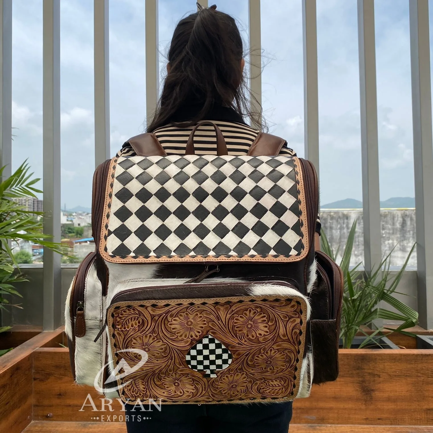 Custom Logo Black & White Checkered Backpack With Cowhide New Designer ...
