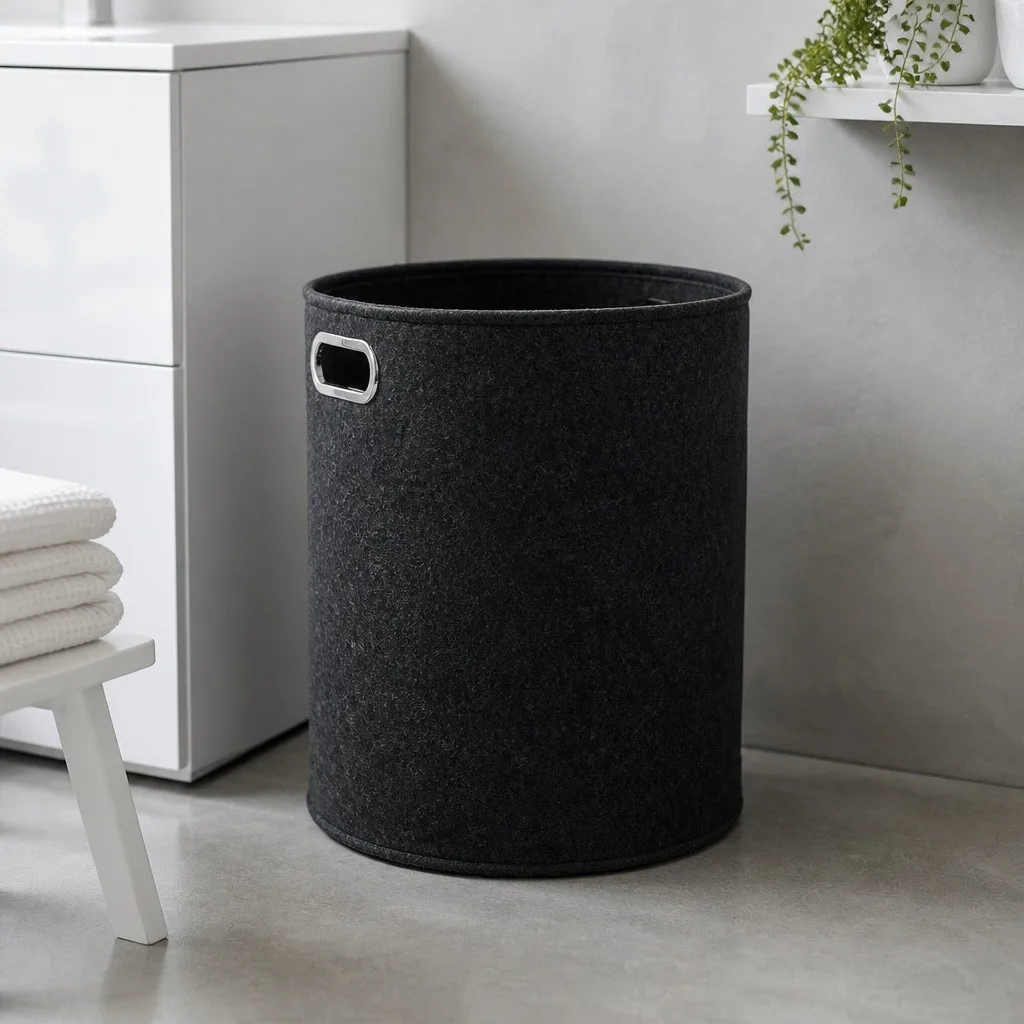 Black felt laundry hamper in a minimalist laundry room