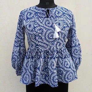 Casual Floral Embroidered Tank Top Hand Block Printed Mandarin Collar Long Sleeve Floral Print Cotton Top For Women