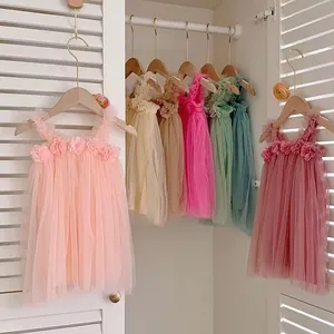 Wholesale Summer Preppy Style INS Baby Girl Birthday Dresses Tulle Flower Girls' Tutu Smocked Dresses Clothes for Kids
