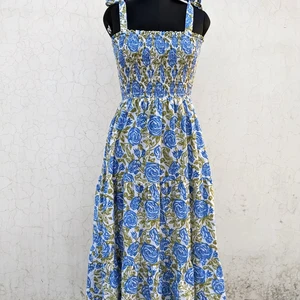 Hand Block Printed Cotton Maxi Dress for Summer Floral Printed with Ruffles Handmade for Autumn/Summer Season
